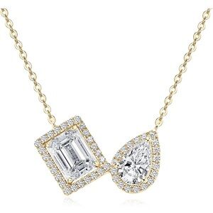 Platinum Toi et Moi Diamond Necklace Pear and Emerald Cut with Halos